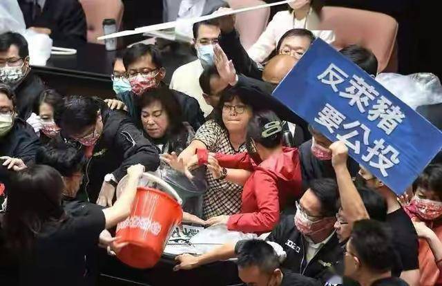 台湾议会发生冲突，相互丢掷猪皮、猪胆、猪肠与内脏抗议美国进口食品 
