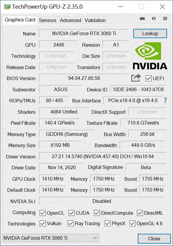 gaming的gpu-z截图测试平台一览显卡:tuf-rtx3060ti-o8g-gamingnvidia