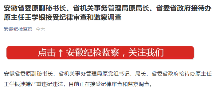 安徽省委原副秘书长王学银被查现年63岁