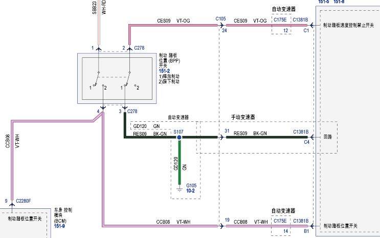 查阅制动踏板开关电路图,如图2所示,可以看出制动踏板位置开关内部有