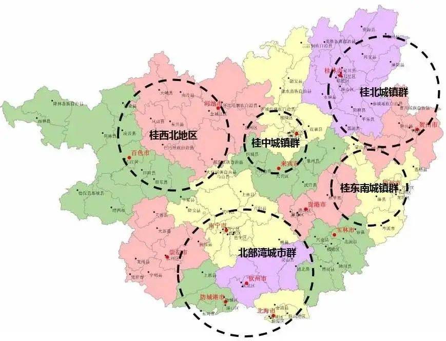 规划的市域(郊)铁路按照广西北部湾城市群和桂东南,桂中,桂北城镇群及