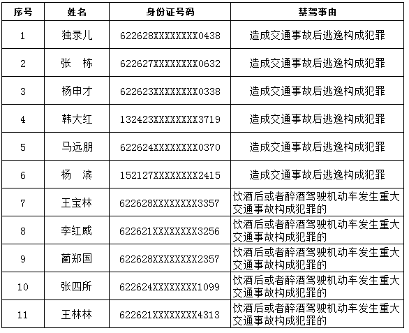 终身禁驾人员名单(2020年)
