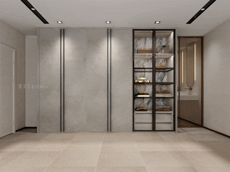 超高门衣柜的设计多样,还可以融入玻璃柜门和梳妆台设计,满足更个性化