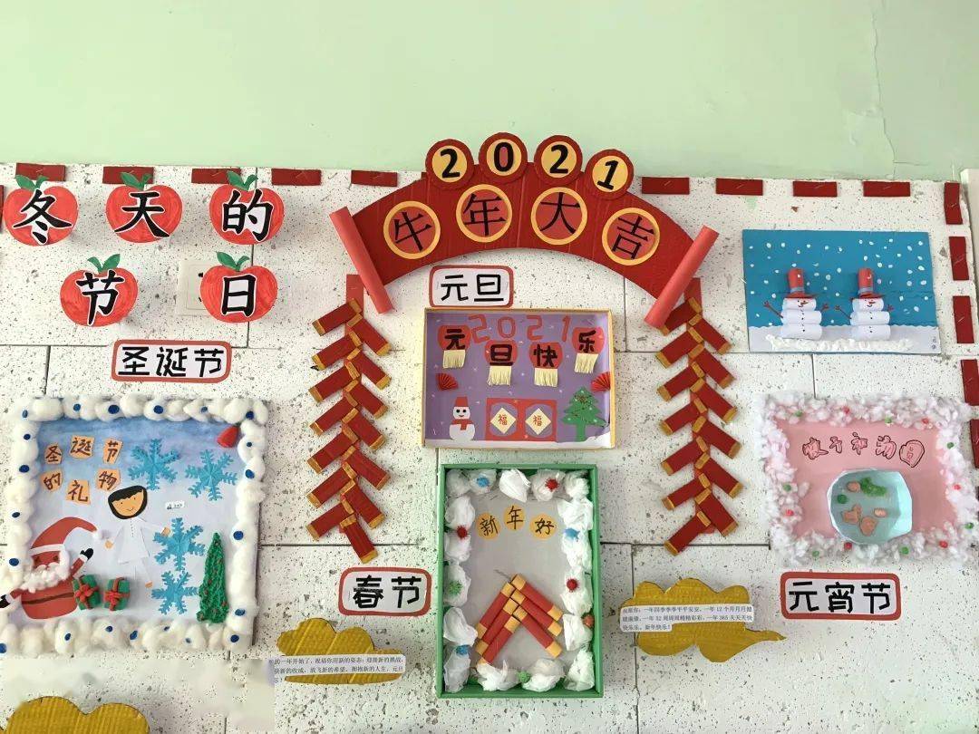 师生共创  班级吊饰主题墙 各班以《冬天的节日》,《中国年》,《我们