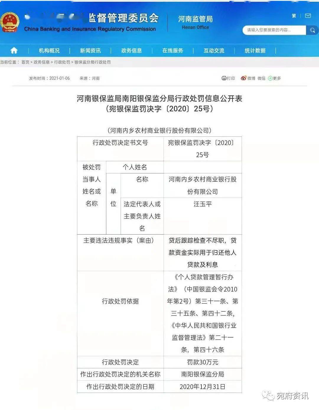 【南阳金融】内乡农村商业银行被行政处罚30万元