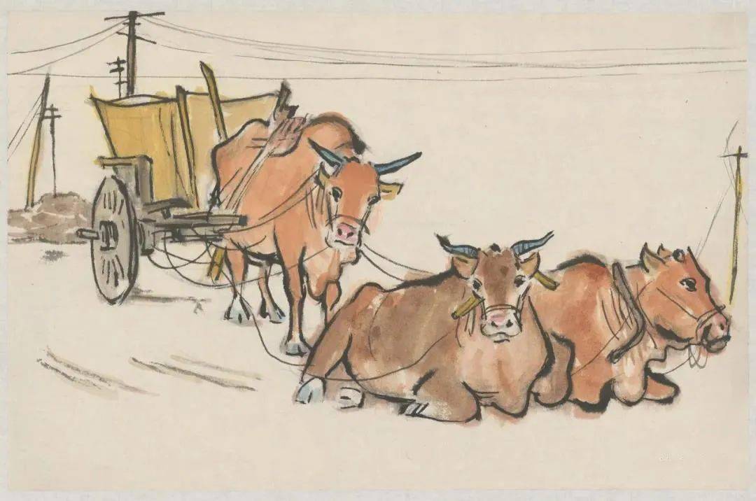 牛车,纸本彩墨,28.5×40.5cm,1960年代