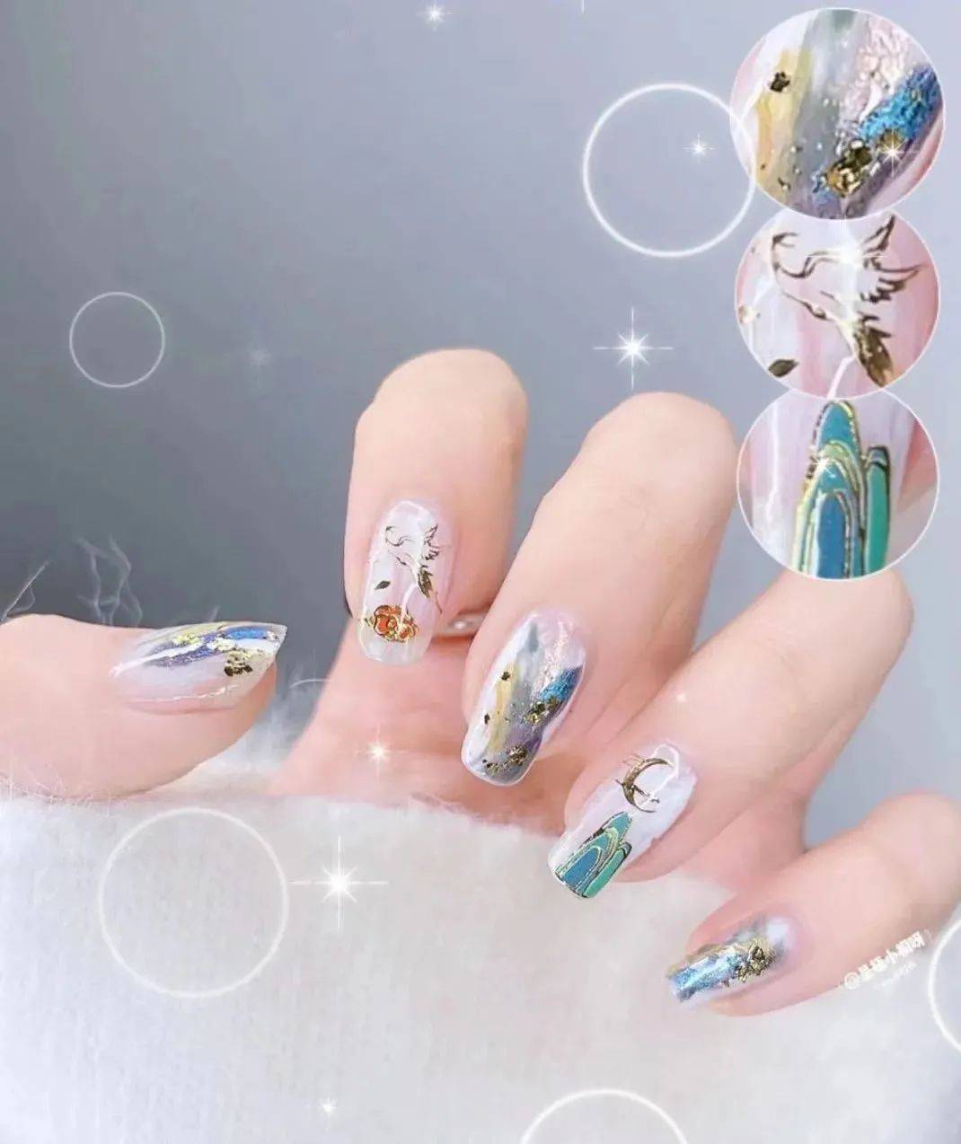 nail art 用丹青颜色晕染出山河美甲,有国风水墨画的感觉,古风古韵