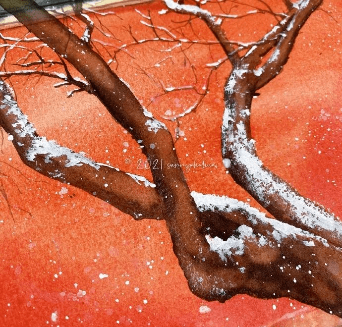 水彩故宫红墙雪景