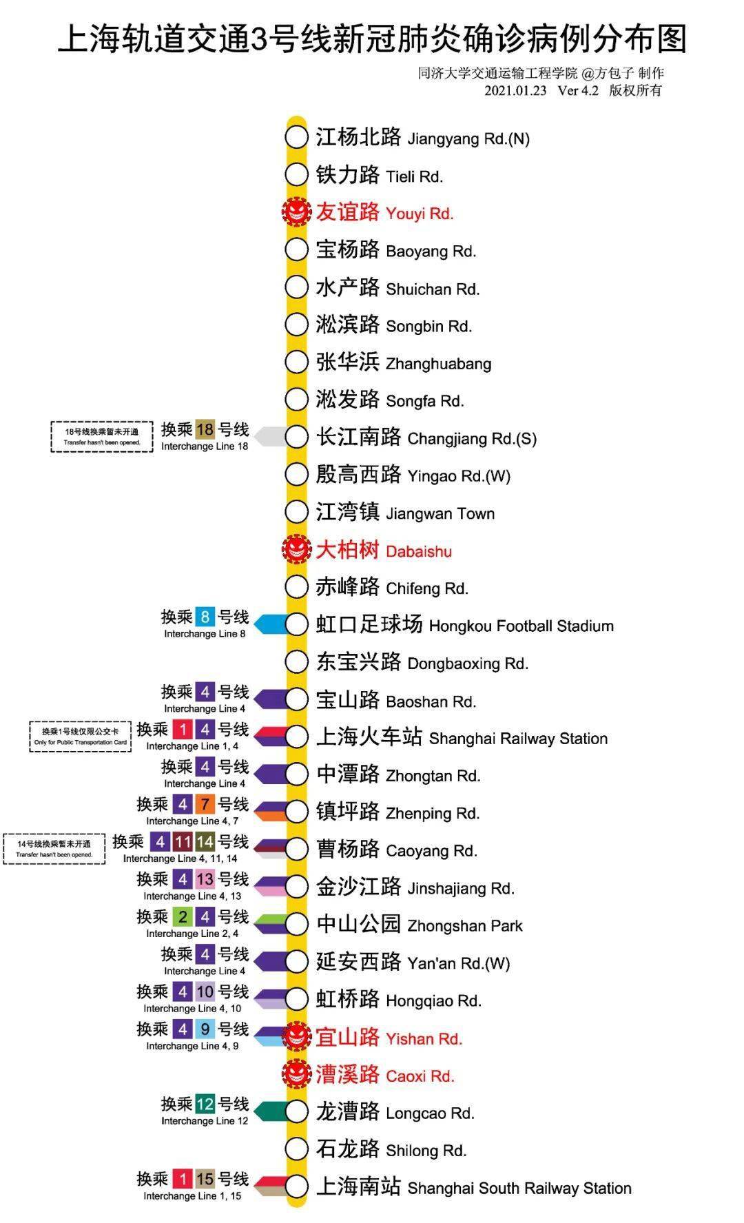 【疫情】上海地铁新冠肺炎确诊病例分布图(2021.01.23