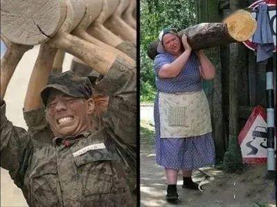 俄罗斯大妈一个人就搬起来了美国几个士兵才能扛起来的木头都是因为有