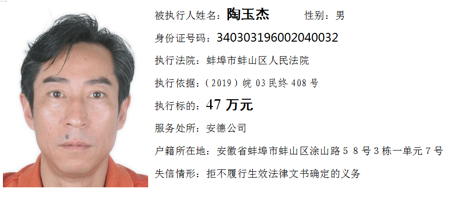 07 失信被执行人 陶玉杰 47万元08 失信被执行人 陈迎生 91.