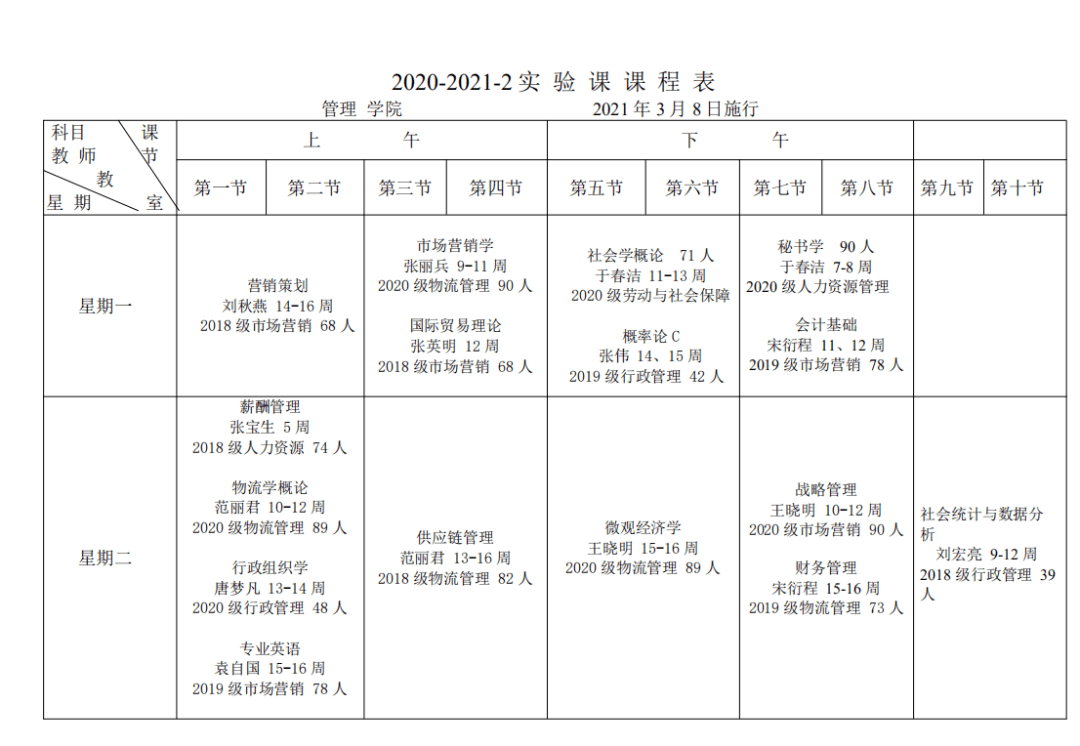 【通知】管理学院2020-2021第二学期课表