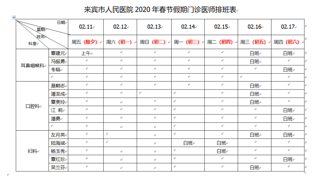 市人民医院春节门诊排班表