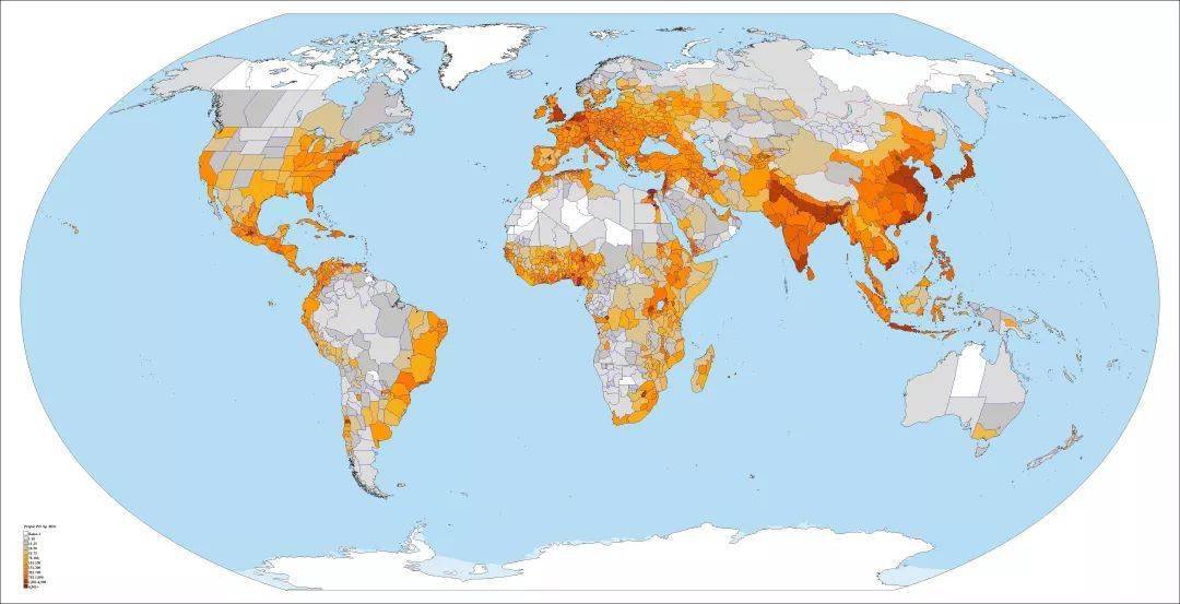 (世界人口密度分布图,地球上适宜人类生存的地方,在2018年基本上都住