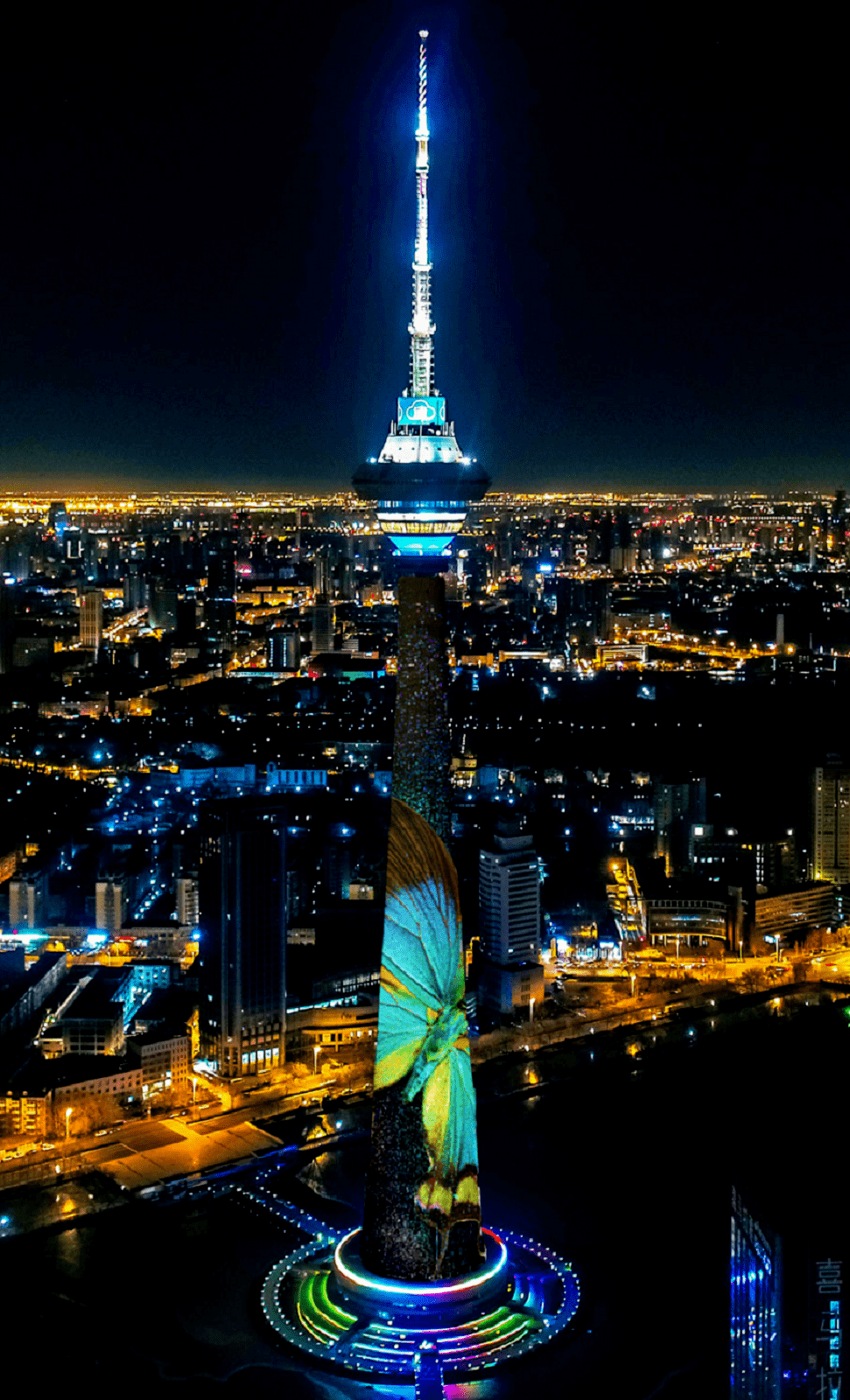 天津广播电视塔光影大秀5000平米的大屏上彩蝶飞舞