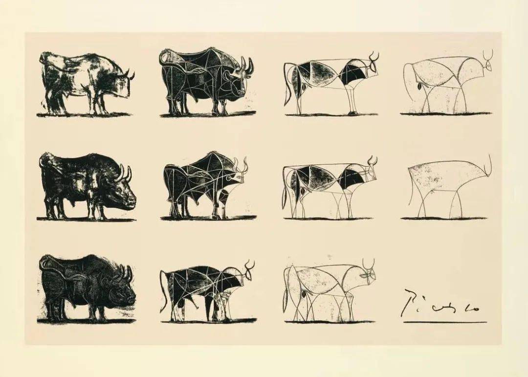 《公牛》毕加索 这是毕加索画的11头牛,毕加索画的目的是为了寻找到底