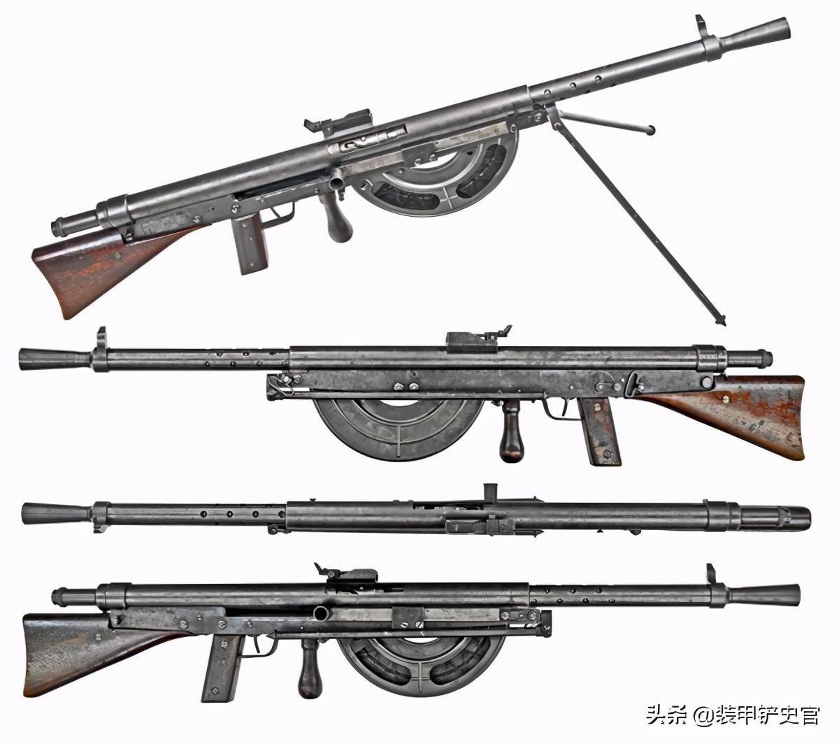 从不同角度观察m1915绍沙轻机枪,采用直线式枪托和手枪型握把,结构