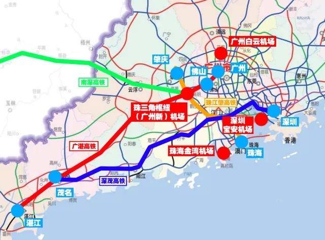 4条高铁和城轨分别为广湛高铁,珠肇高铁,深南高铁,肇顺南城际,其中广