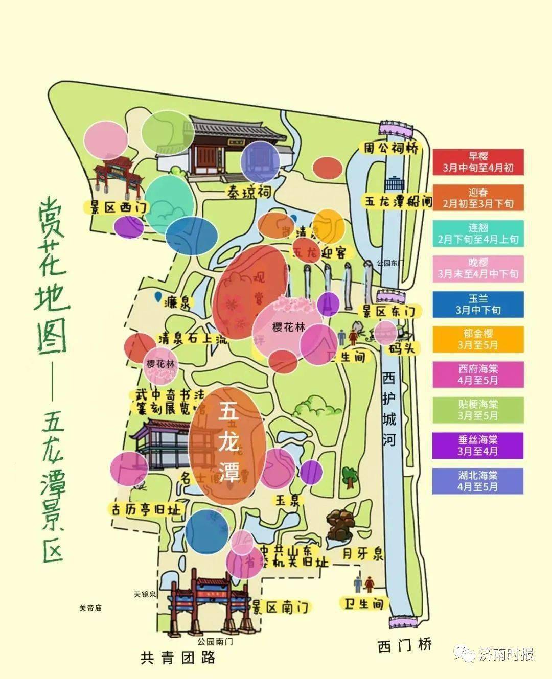 【 趵突泉赏樱地图】  (点击查看大图) 早樱花期:3月中旬-4月初 观赏