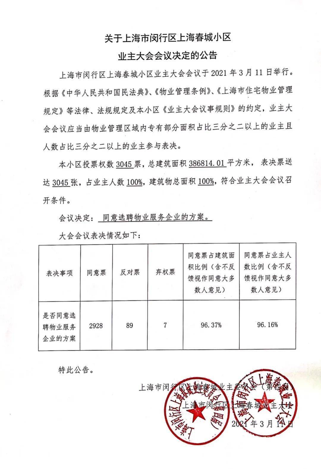 上海春城小区业主大会会议决定公告