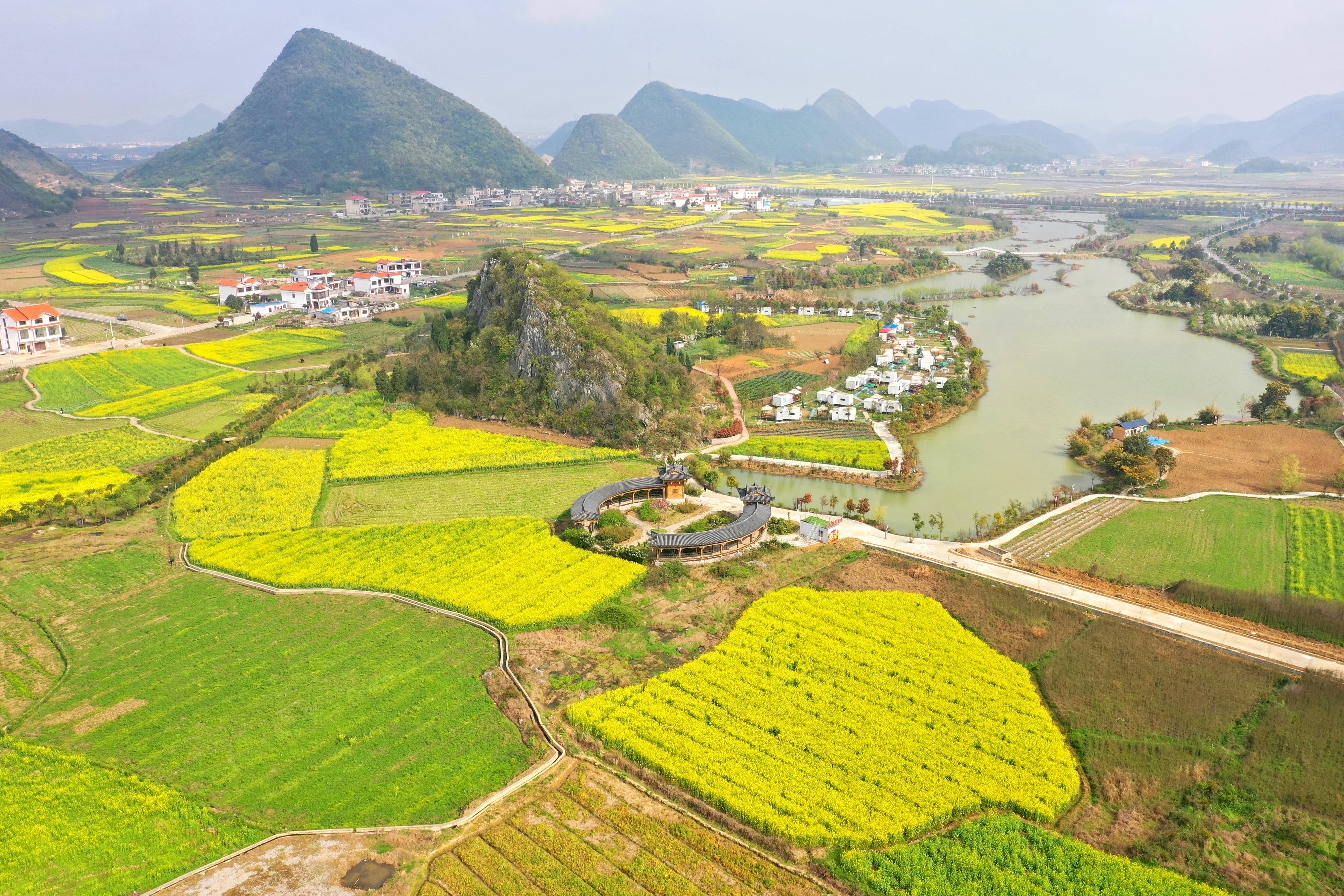 3月17日拍摄的贵州省安顺市平坝区小河湾村附近的油菜花地(无人机照片