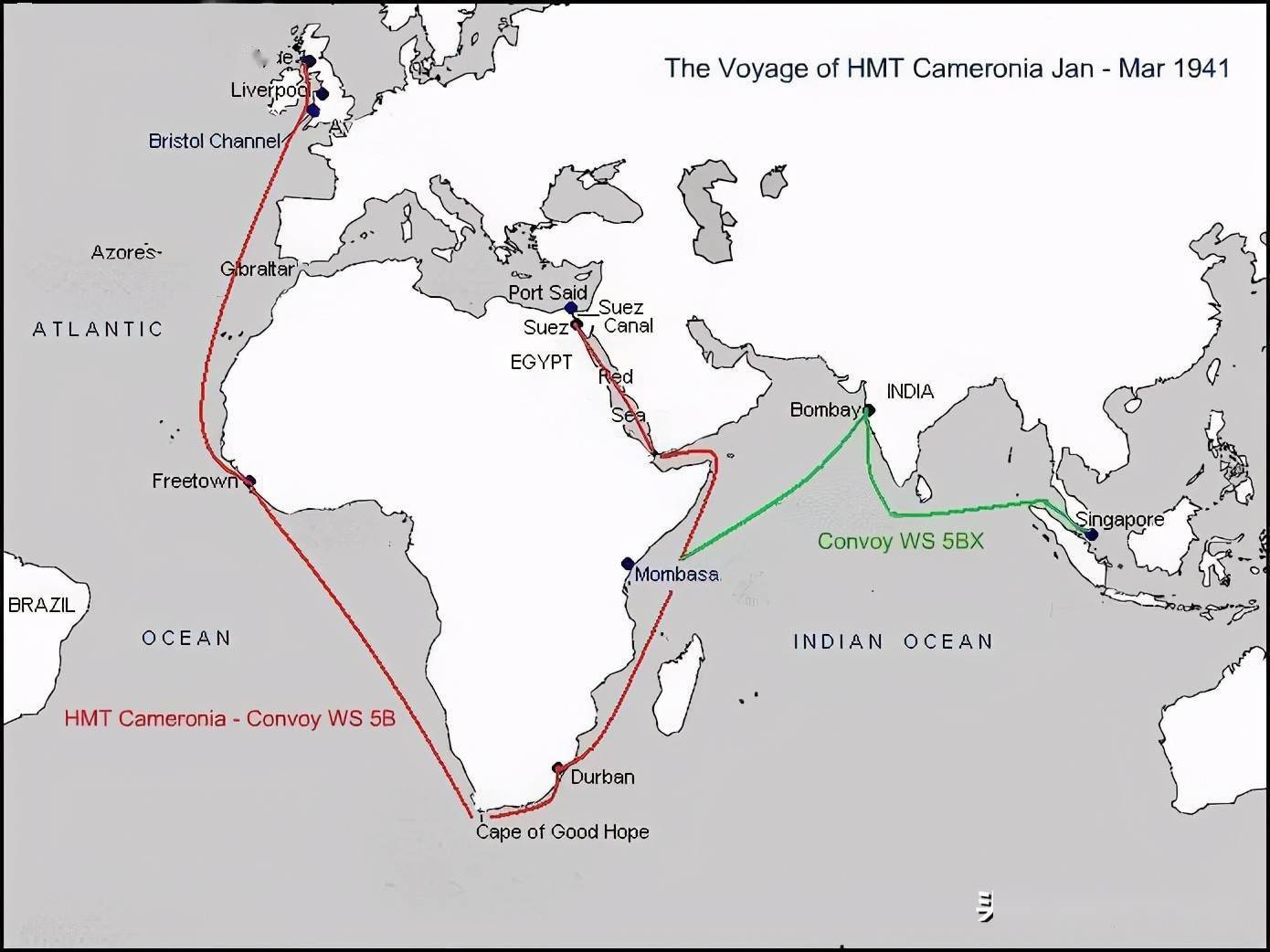 二战时期由英国本土至中东及北非地区的海上补给线(红色),航线的