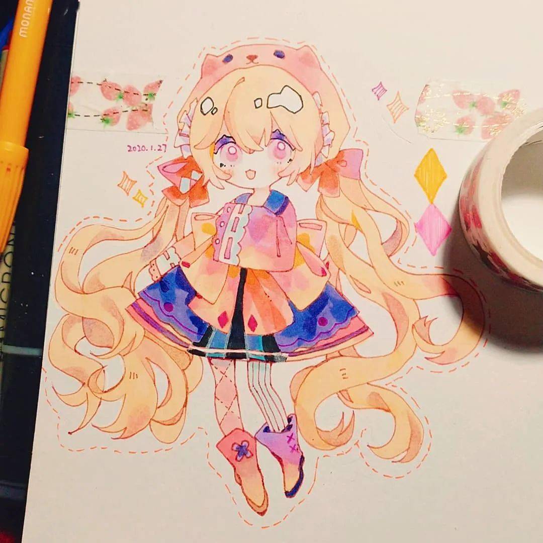 可爱卡哇伊的小女生水彩动漫手绘