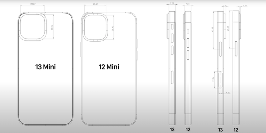 苹果iphone 13 mini/pro max cad 设计图曝光:摄像头尺寸比 iphone 12