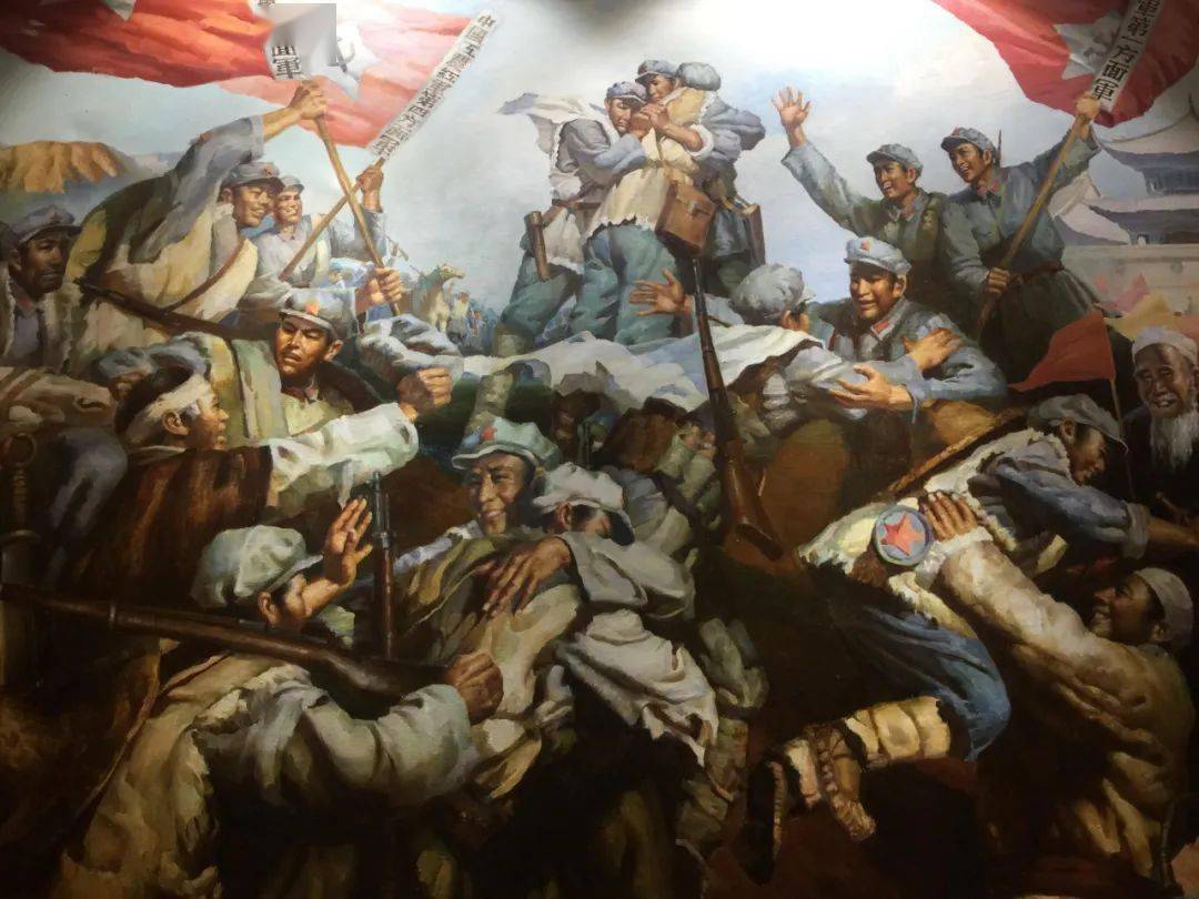 三军会师场景的油画在此期间,红军先后攻占今同心县城,关桥堡,高崖等