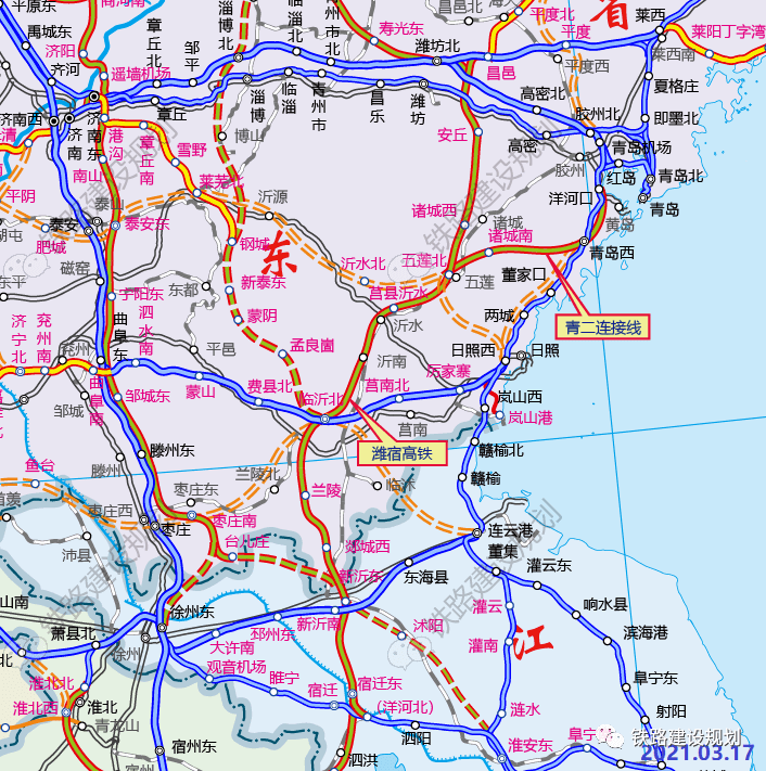 青岛至京沪二通道高铁路网走向示意图▼