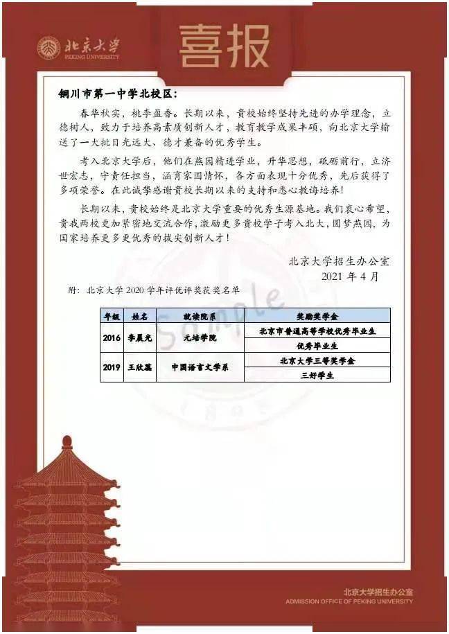 北京大学给铜川发来喜报