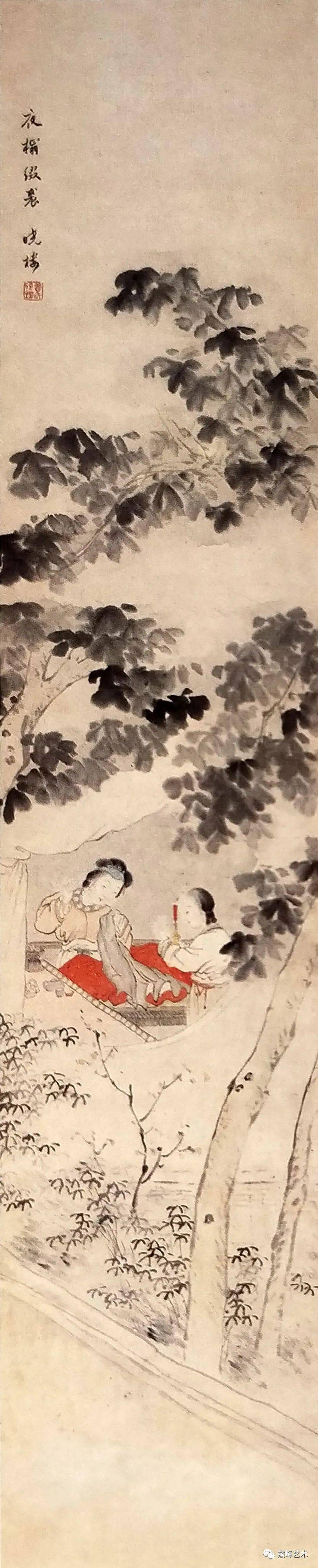 费丹旭(1802-1850) 夜榻缀裘 纸本立轴 款识:夜榻缀裘.晓楼.