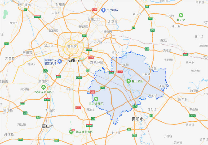 蓝色区域为简阳市行政区划