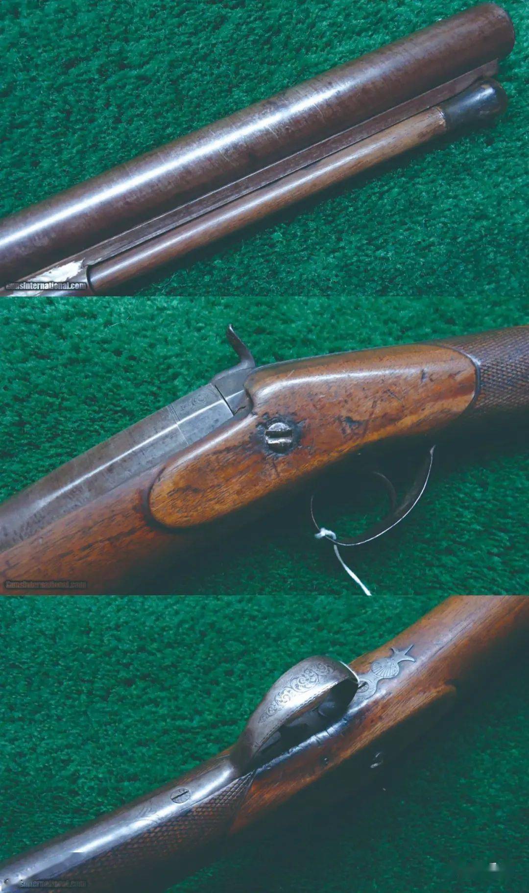 19世纪中期手工制造的一支击发式前装船枪局部特写