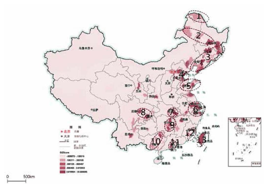 中国近代工业热点分布及工业集聚区域分布图