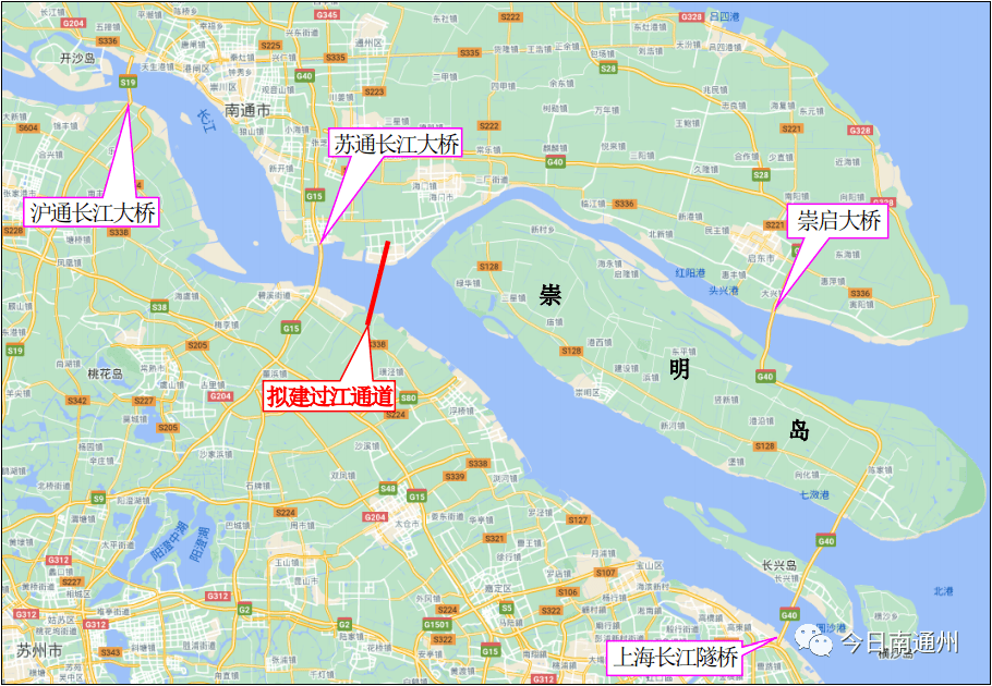 在海门市西北与沪陕(g40)和宁启铁路交叉,越过长江后,止于沪武高速(g