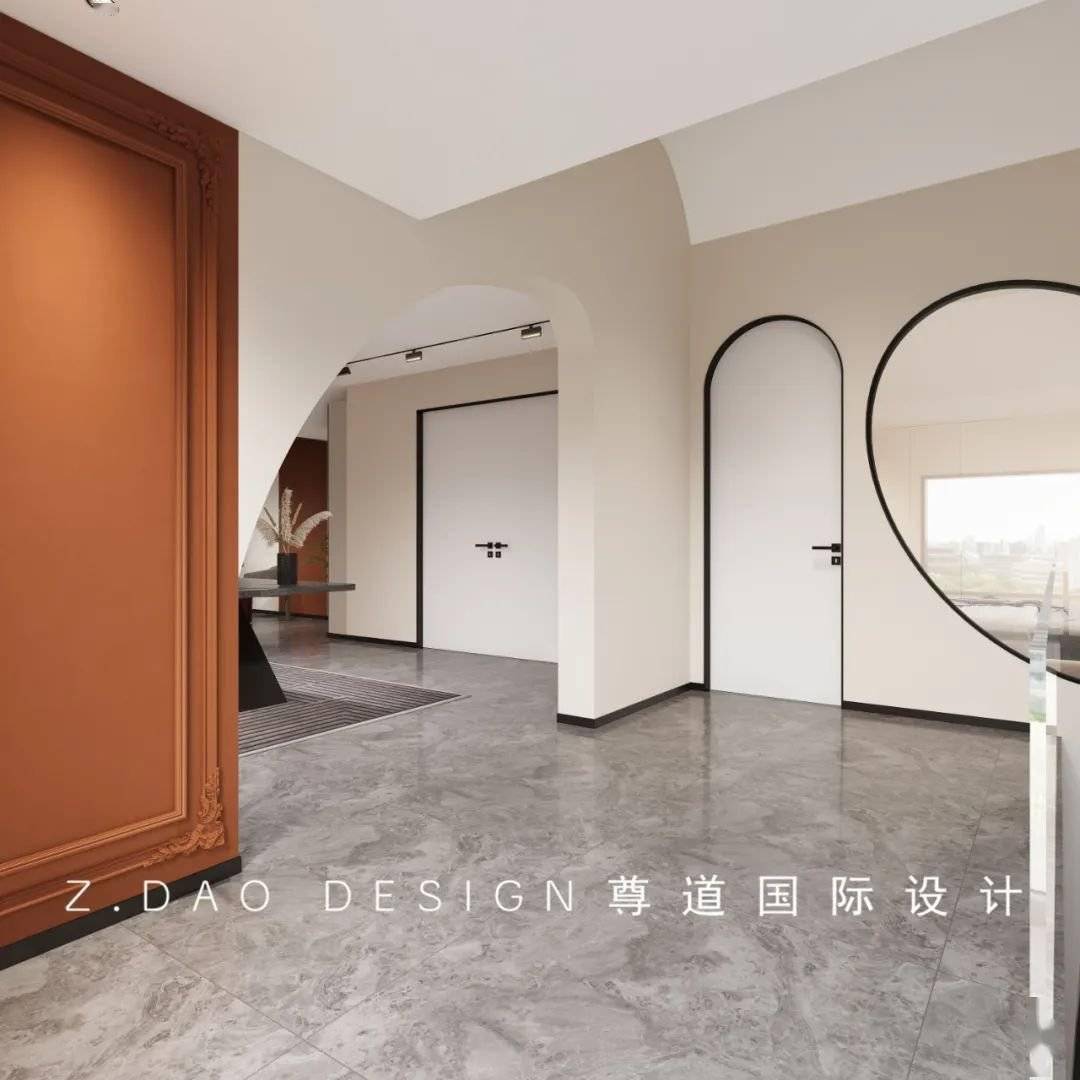 效果图 利用原始斜顶,门洞做异形造型,正对的墙面加入