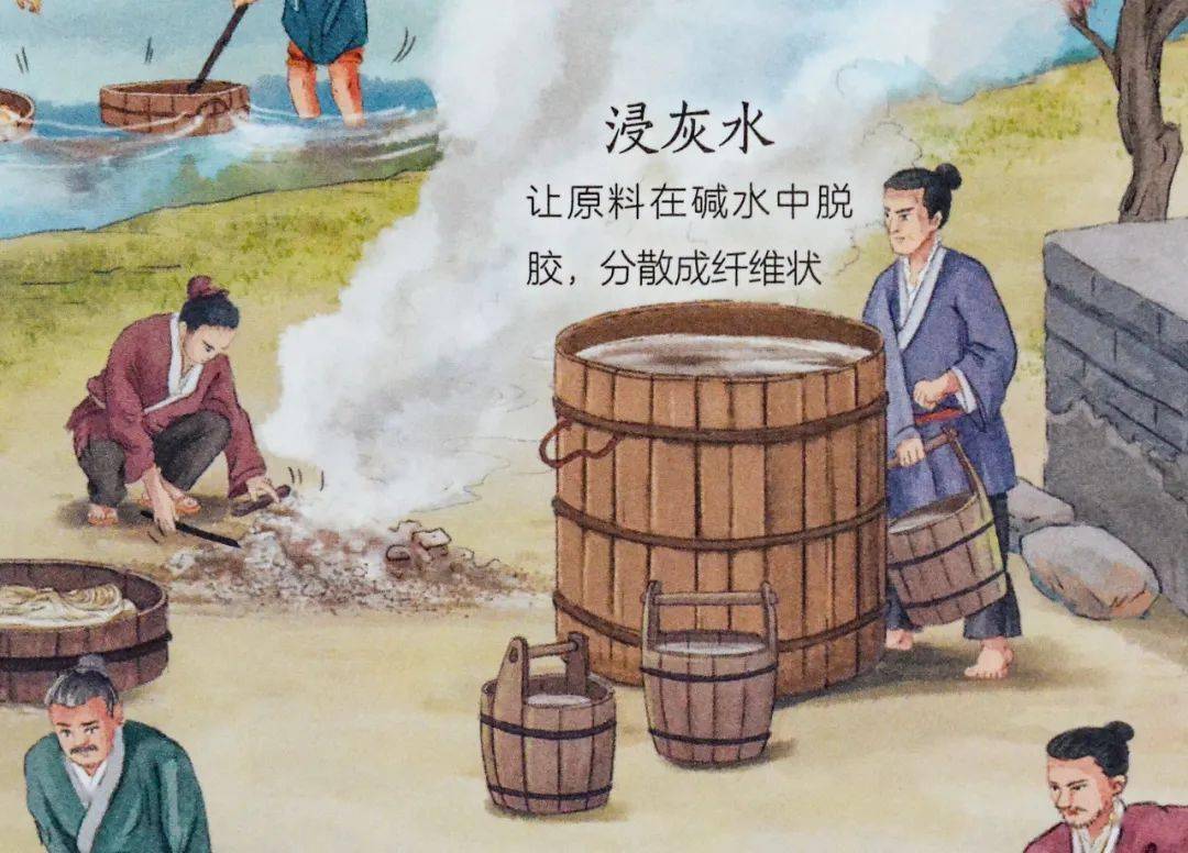 东汉时期,详细介绍造纸术,其制作过程:切麻,打浆,浸灰水,蒸煮,晒纸