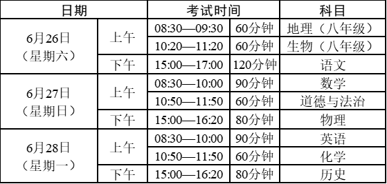 初中学业水平考试时间安排表