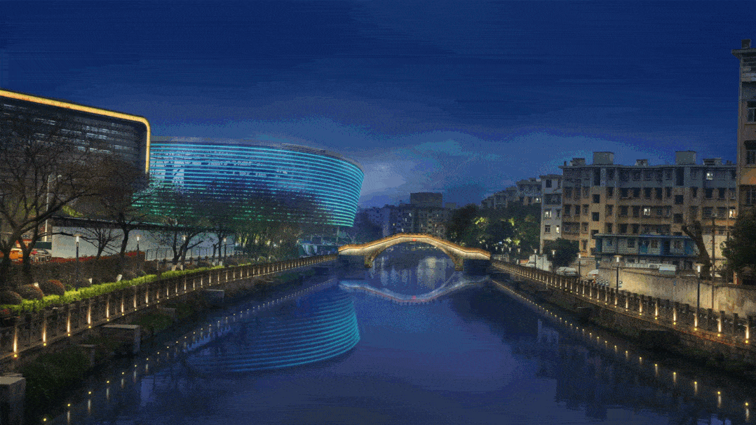 效果图 夜幕降临 场馆,道路,桥梁 河岸,水,倒影 层层递进,动静相宜 塘