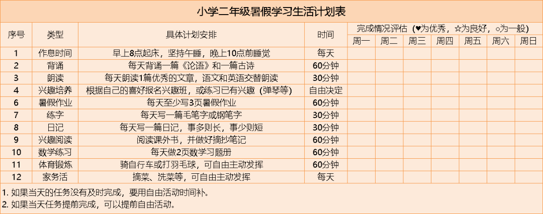 小学二年级暑假学习生活计划表