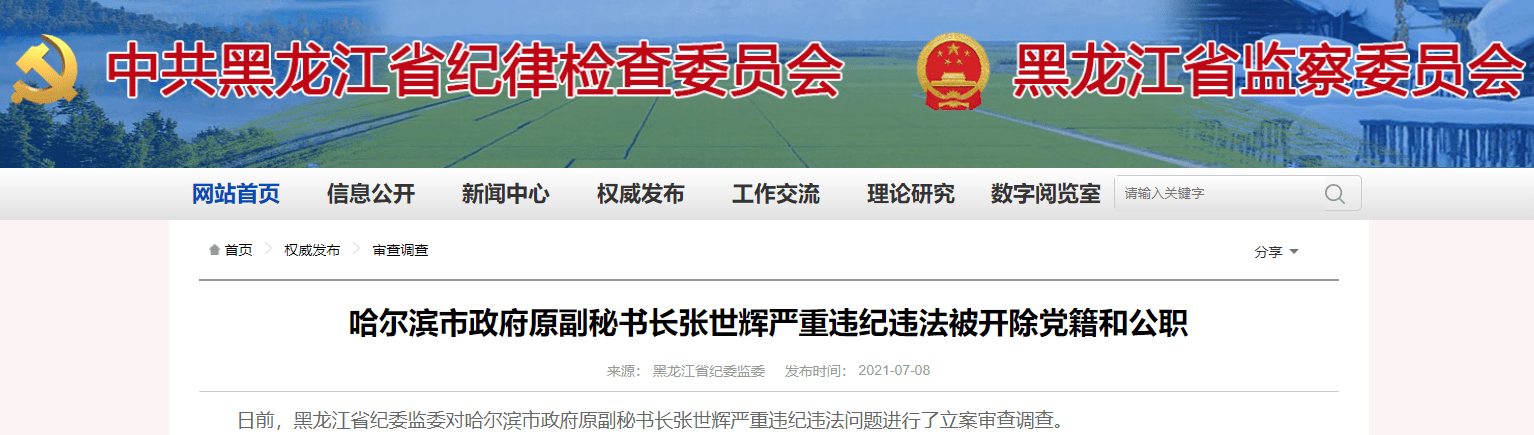 黑龙江省哈尔滨市政府原副秘书长张世辉严重违纪违法被开除党籍和公职