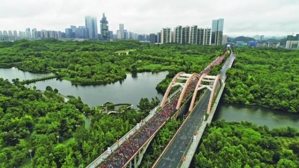 参加2019贵阳国际马拉松赛的运动员经过观山湖公园彩虹桥,感受"千园之