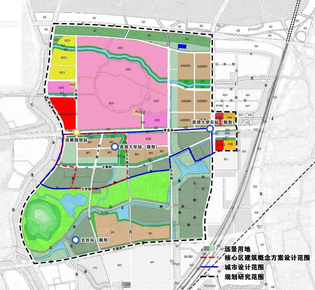 云谷绿芯公园,阿里云等重要的功能板块,具体范围东至规划云洪路,南至