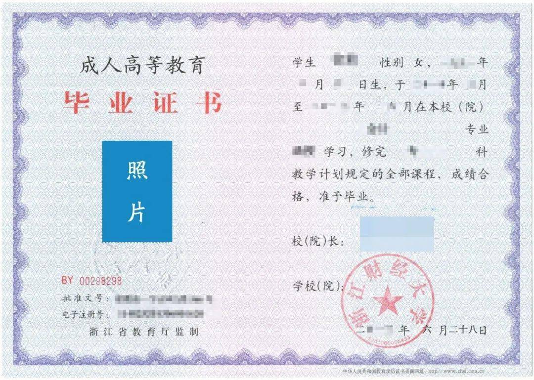 由浙江财经大学颁发经 教育部电子注册的成人高等教育毕业文凭;符合