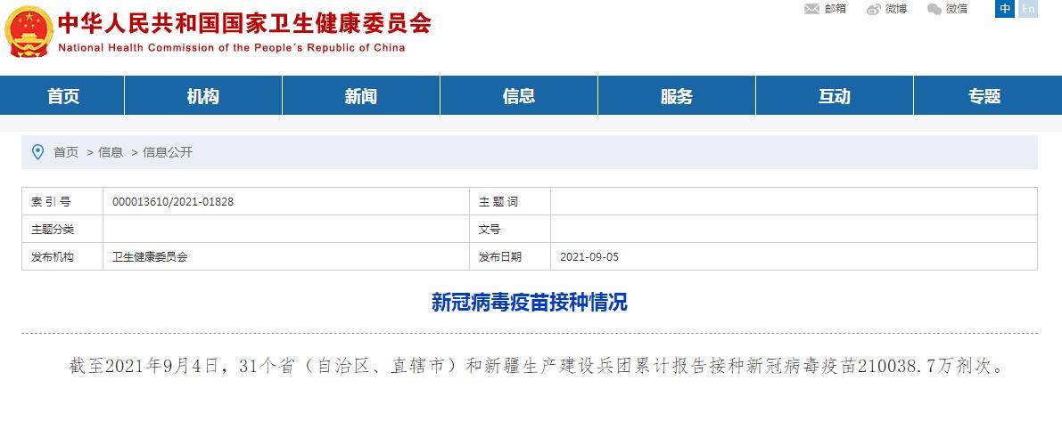 国家|超21亿！国家卫健委：全国累计报告接种新冠病毒疫苗210038.7万剂次