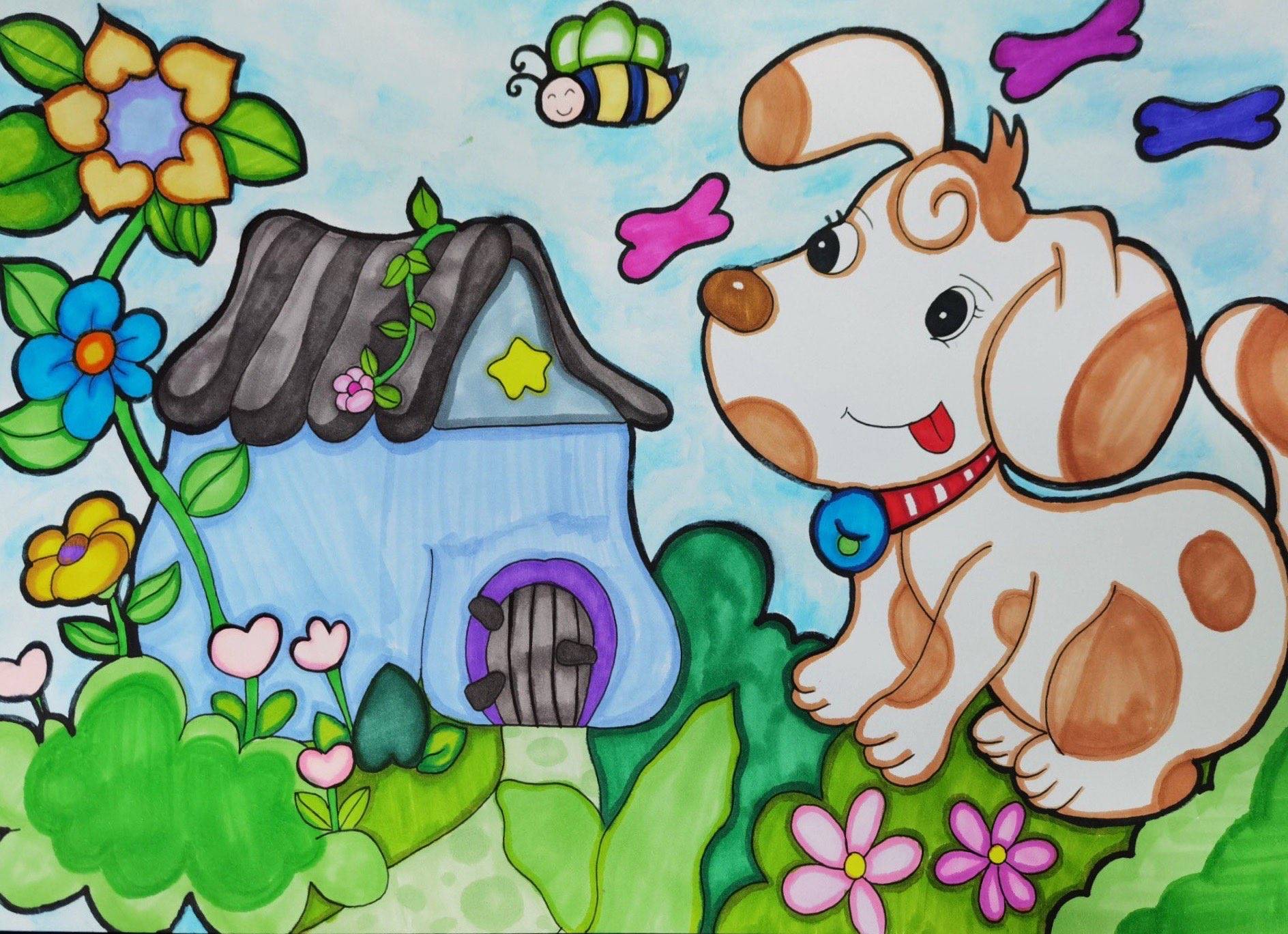 儿童画《可爱的小狗》