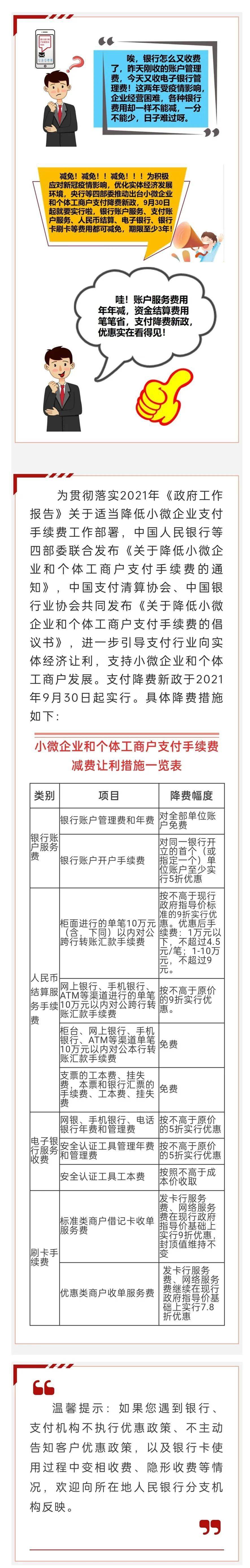 央行等四部委关于小微企业和个体工商户支付手续费减费让利新政于9月