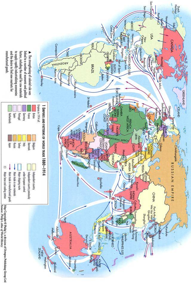 ▼图:一战前,帝国主义资本输出地图.图片来源于:地图窝onegreen.net.