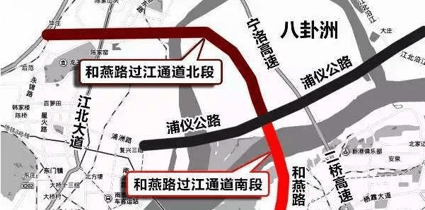 和燕路过江通道建宁西路过江通道位于长江大桥和定淮门隧道之间,距离